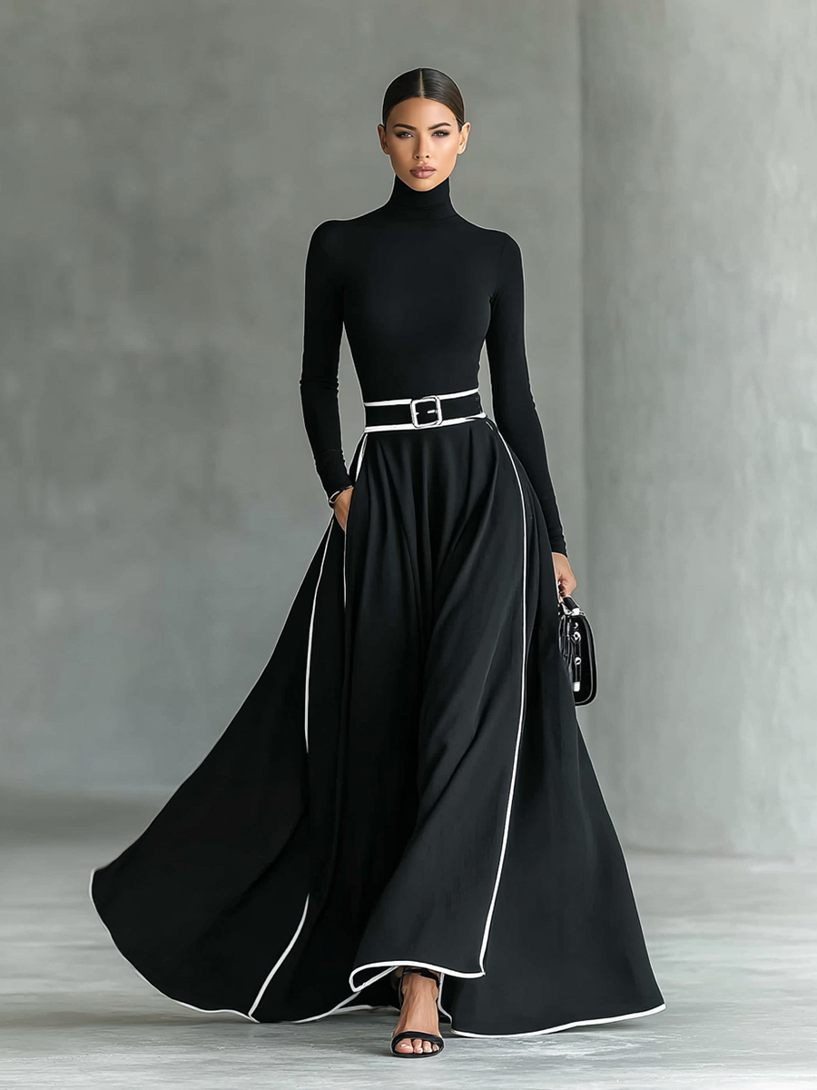 Hermelinda™ Vestido Maxi Negro Entallado con Cuello Alto Elegante