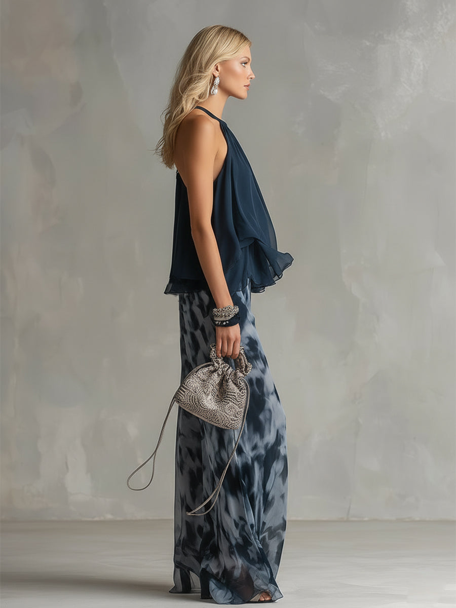 Corina™ Conjunto de Chifón con Top de Cuello Alto y Pantalón