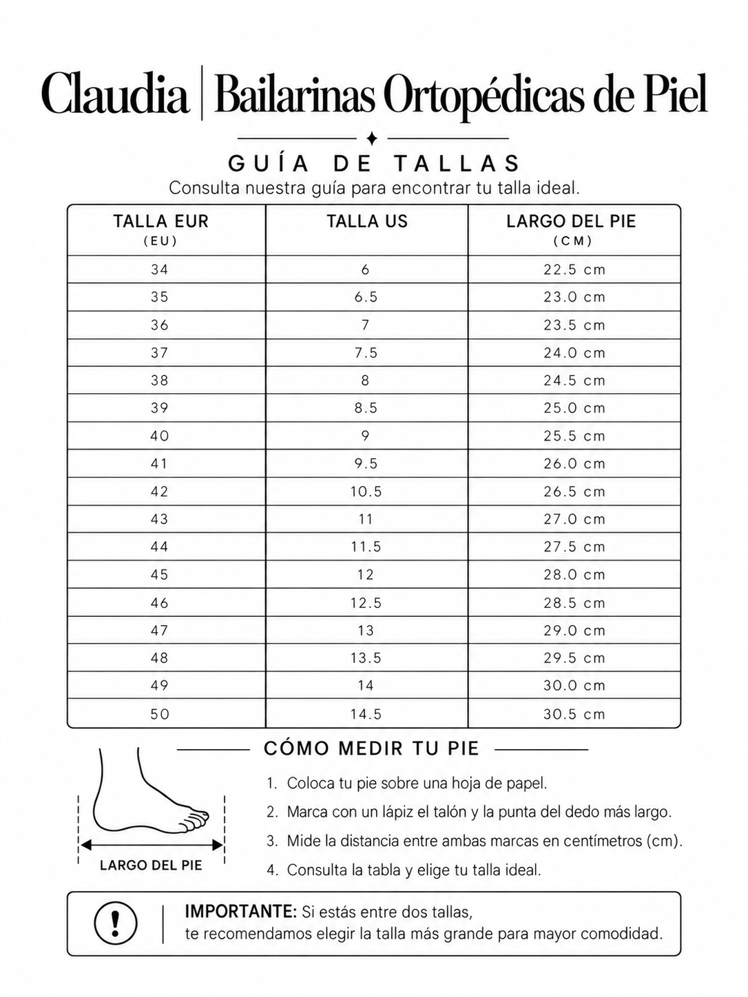 Claudia | Bailarinas Ortopédicas de Piel size chart