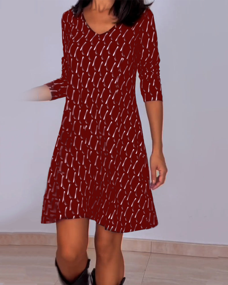 Liliana™ Vestido a Cuadros con Cuello en V y Manga Larga