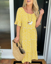 Leticia™ Vestido Midi de Lunares con Cuello Redondo Fluido