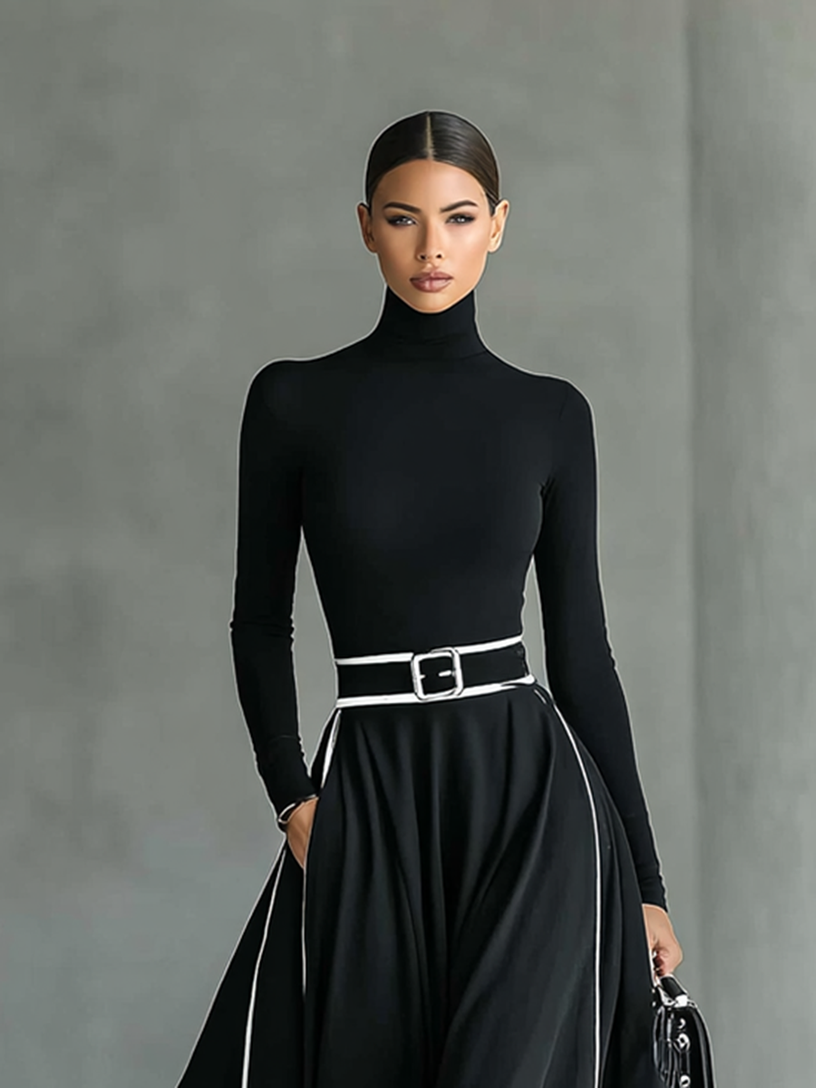 Hermelinda™ Vestido Maxi Negro Entallado con Cuello Alto Elegante