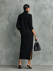Genoveva™ Vestido Midi de Punto con Cuello Alto y Manga Larga