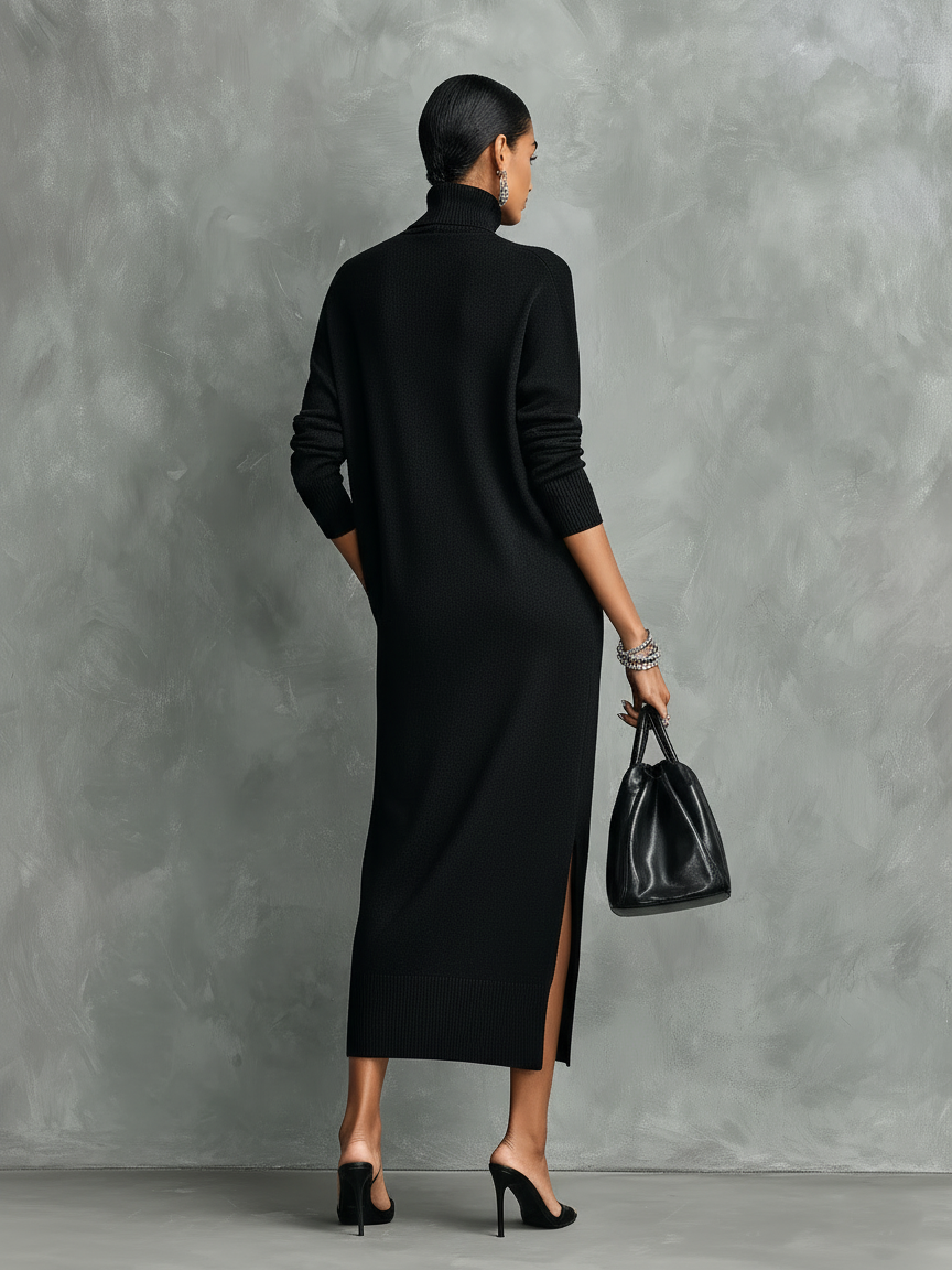 Genoveva™ Vestido Midi de Punto con Cuello Alto y Manga Larga