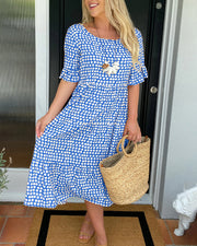 Leticia™ Vestido Midi de Lunares con Cuello Redondo Fluido