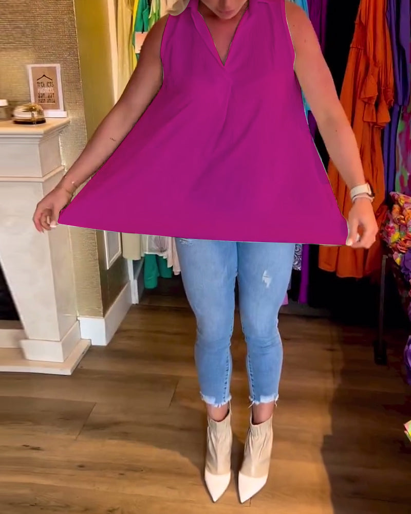 Susana™ Blusa sin Mangas con Volantes y Cuello Solapa
