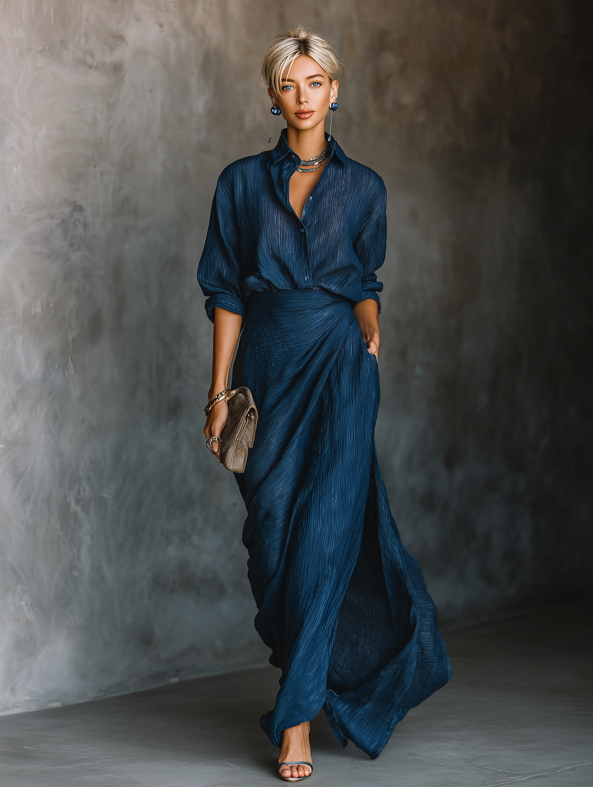 Huamantla™ Conjunto de Falda Larga y Blusa Elegante en Algodón y Lino Azul Marino