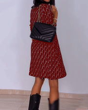 Liliana™ Vestido a Cuadros con Cuello en V y Manga Larga
