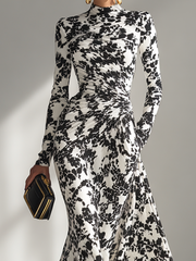 Eduviges™ Vestido Maxi Floral Elegante, Cuello Alto, Manga Larga