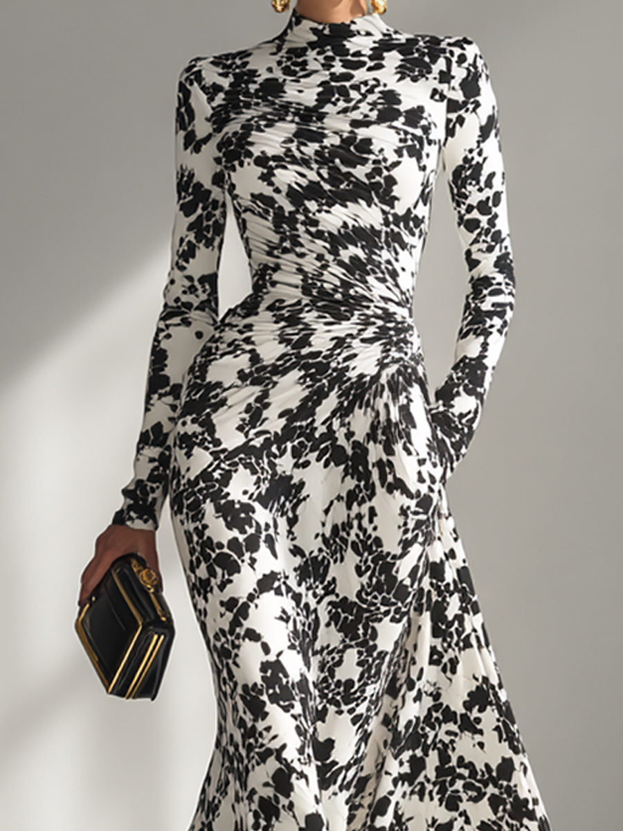 Eduviges™ Vestido Maxi Floral Elegante, Cuello Alto, Manga Larga