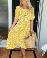Leticia™ Vestido Midi de Lunares con Cuello Redondo Fluido