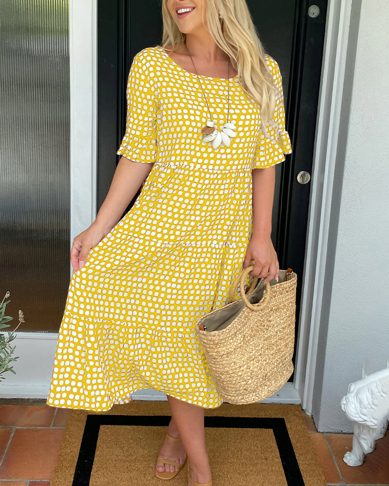 Leticia™ Vestido Midi de Lunares con Cuello Redondo Fluido