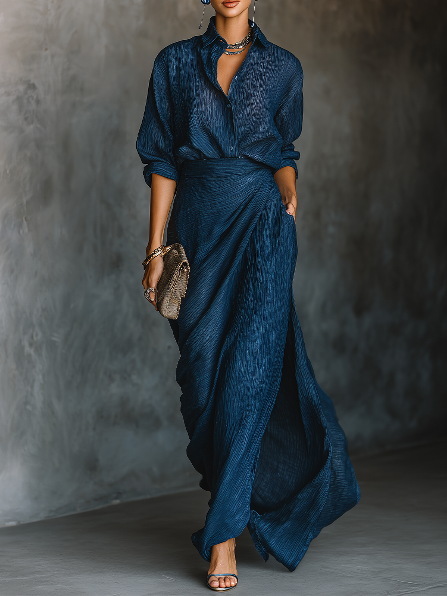 Huamantla™ Conjunto de Falda Larga y Blusa Elegante en Algodón y Lino Azul Marino