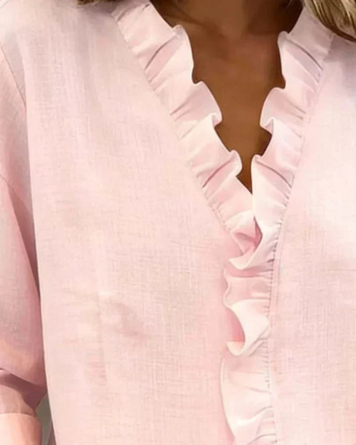 Eulalia™ Blusa Elegante con Cuello en V y Volantes Delicados