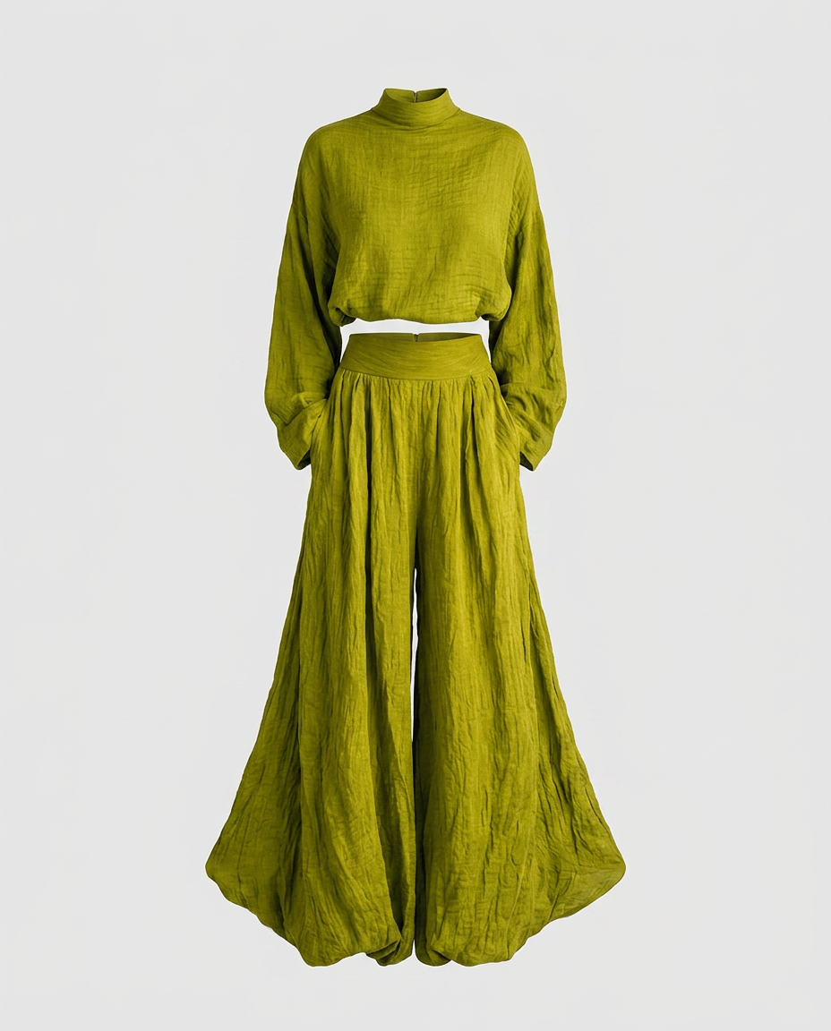 Mitla™ Conjunto Verde para Mujer en Algodón y Lino con Pantalón Ancho