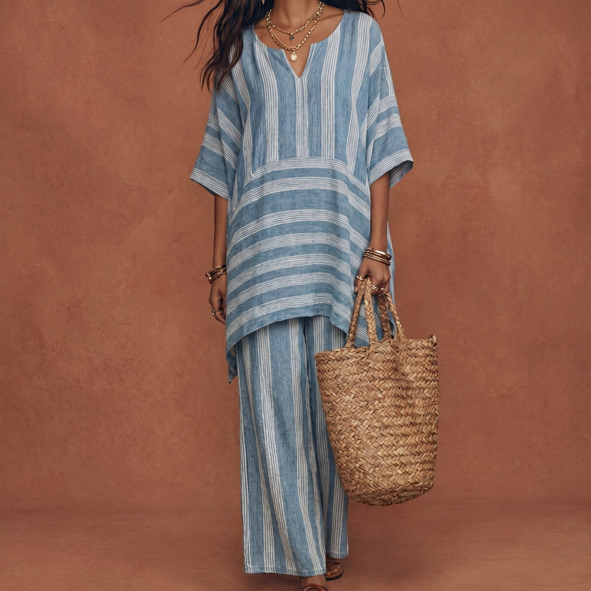 Ofelina™ Conjunto Boho de Lino a Rayas para Mujer, Corte Oversize