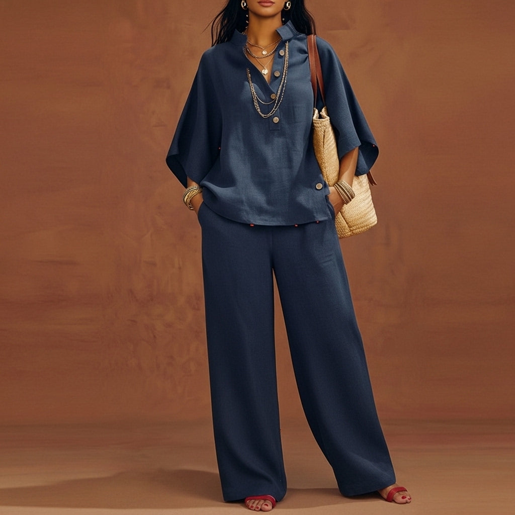 Serafina™ Conjunto de Lino para Mujer con Mangas Murciélago y Pantalón Ancho