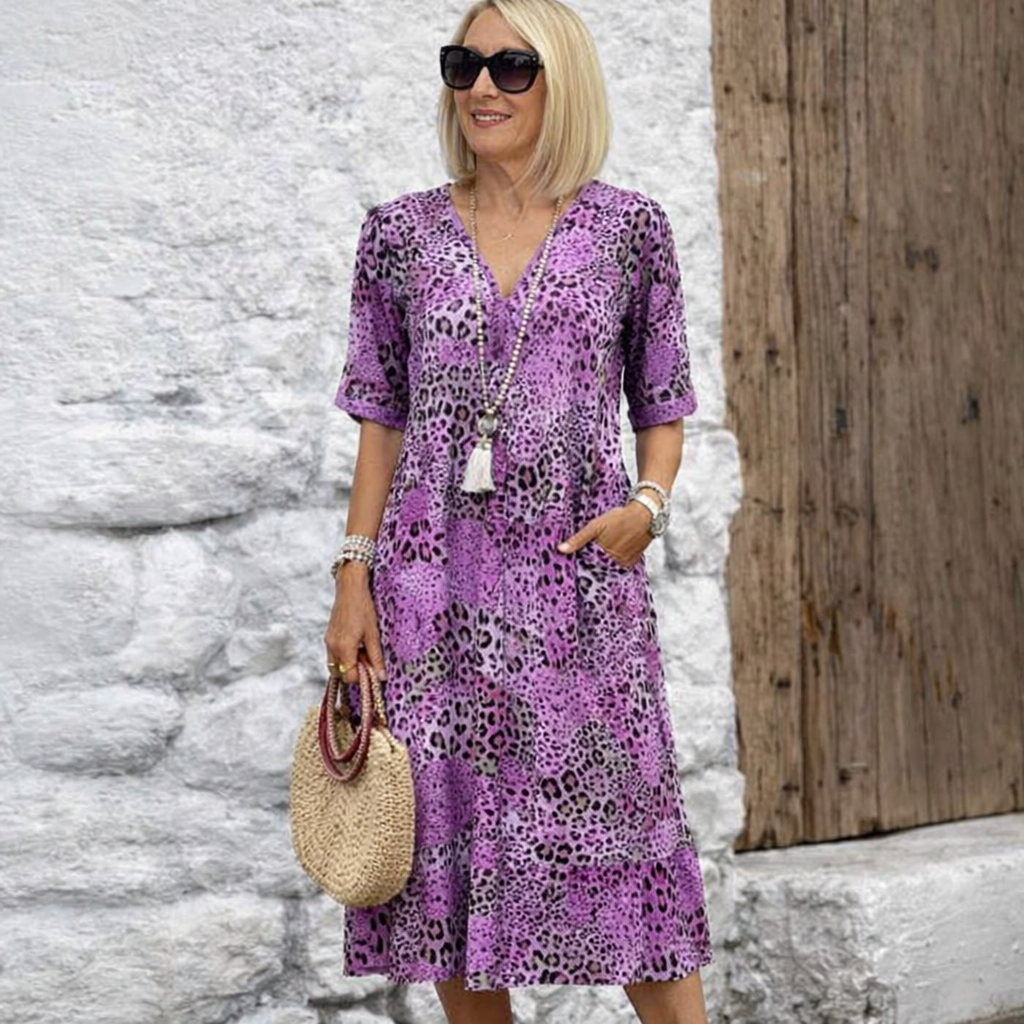 Cempoala™ Vestido Midi con Estampado Animal, Bolsillos y Manga Corta