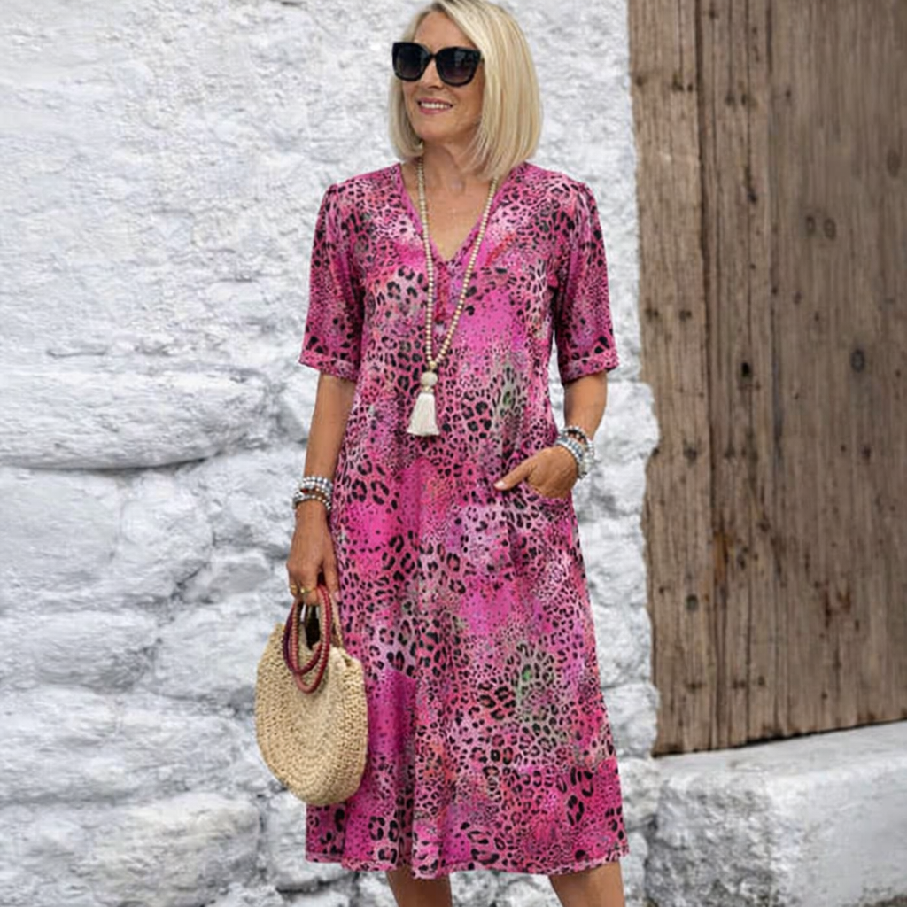 Cempoala™ Vestido Midi con Estampado Animal, Bolsillos y Manga Corta