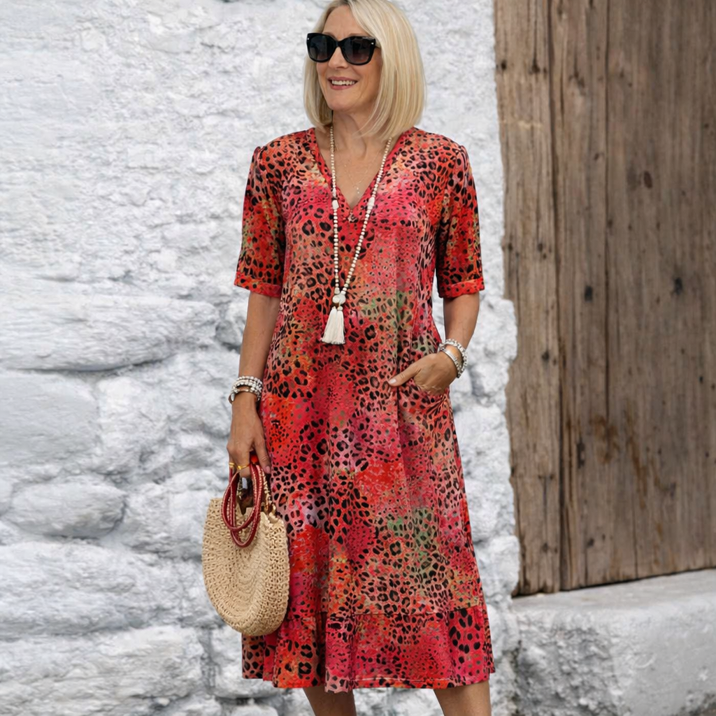 Cempoala™ Vestido Midi con Estampado Animal, Bolsillos y Manga Corta