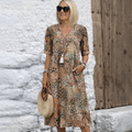 Cempoala™ Vestido Midi con Estampado Animal, Bolsillos y Manga Corta