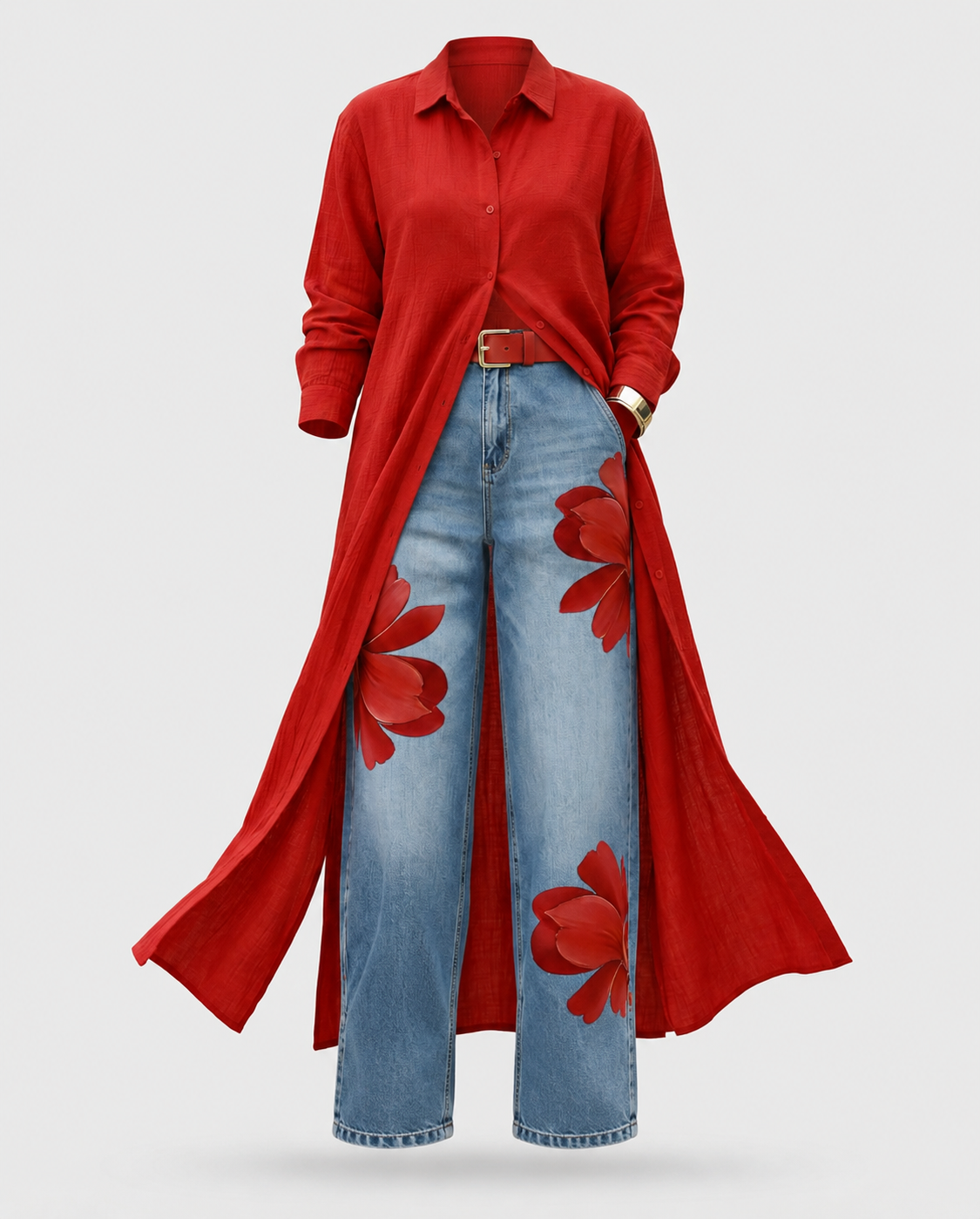 Erendira™ Conjunto de Vestido Camisero Rojo y Jeans Anchos Florales