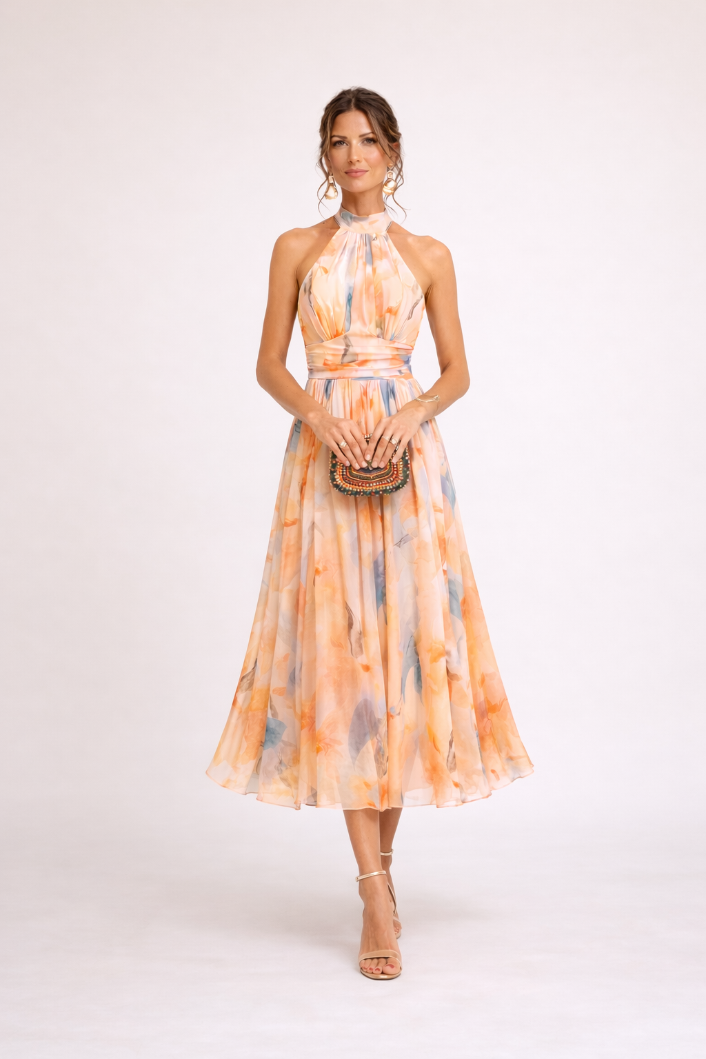 Amelia™ Vestido Midi Halter Fluido con Estampado Acuarela