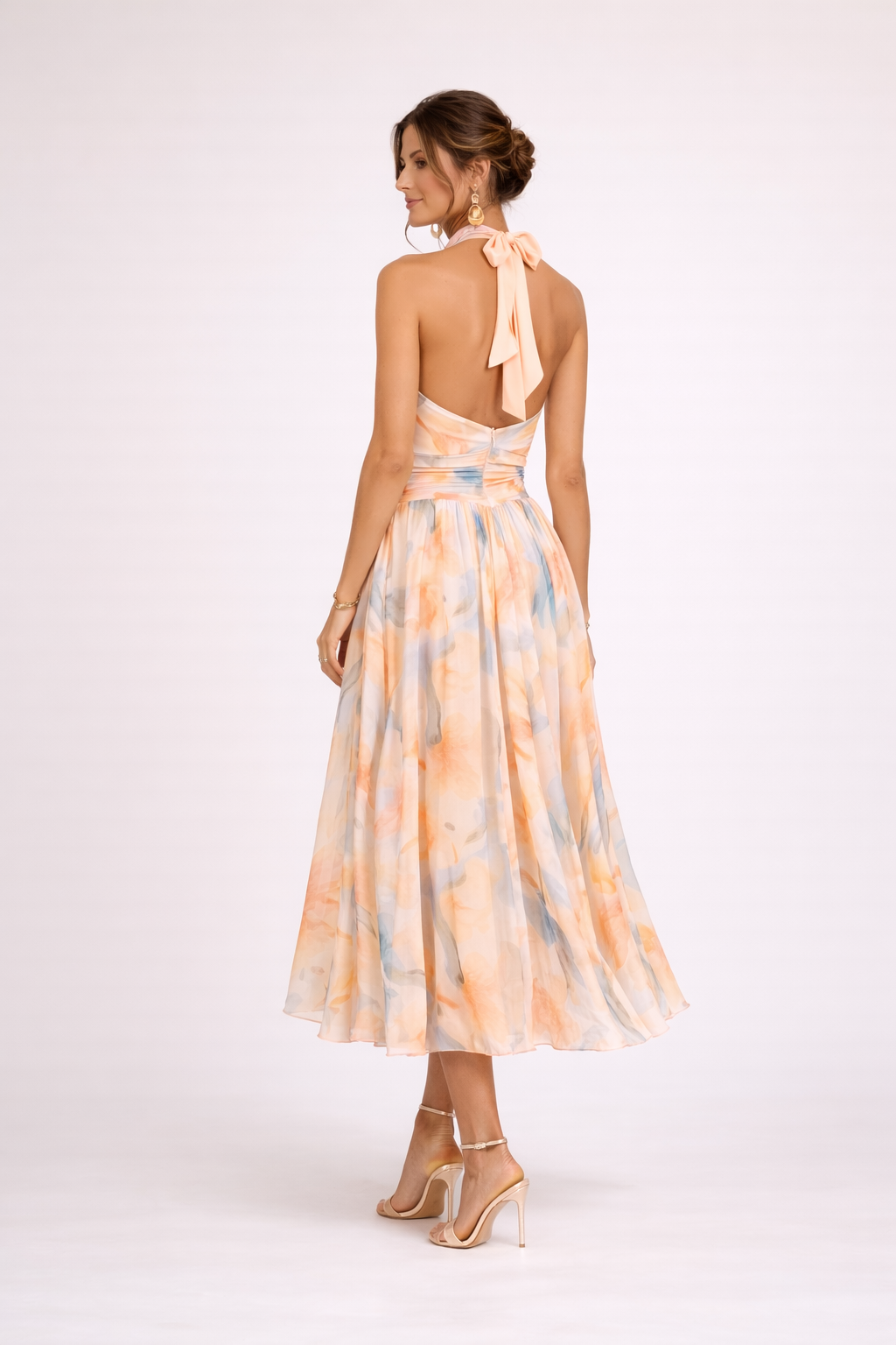 Amelia™ Vestido Midi Halter Fluido con Estampado Acuarela