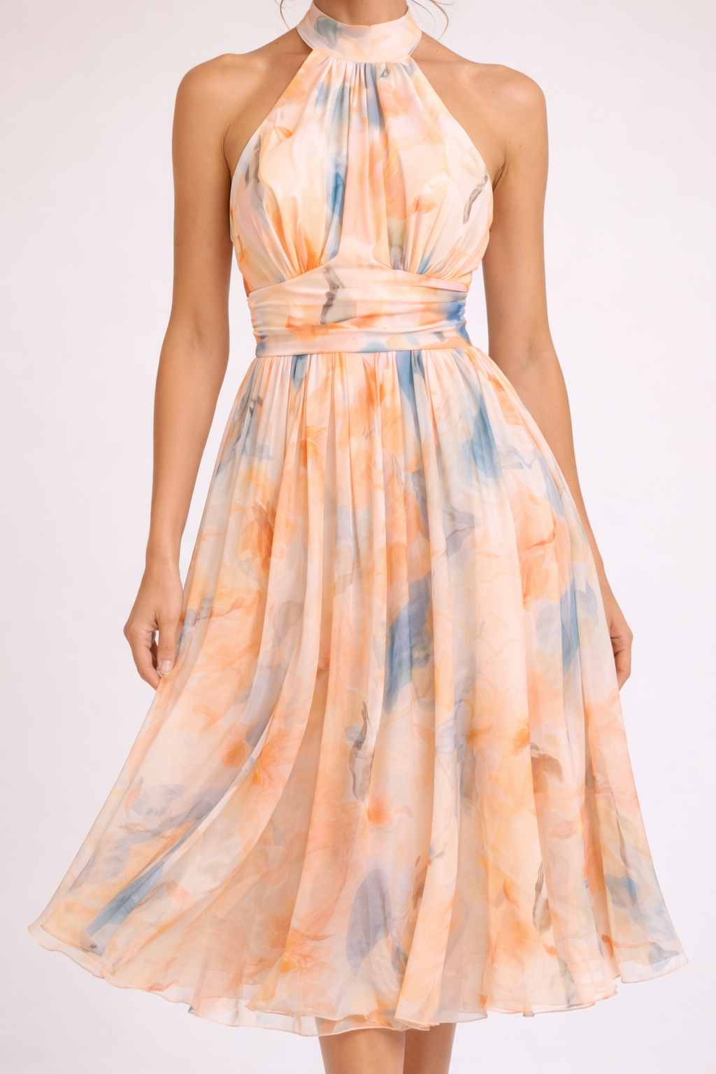Amelia™ Vestido Midi Halter Fluido con Estampado Acuarela