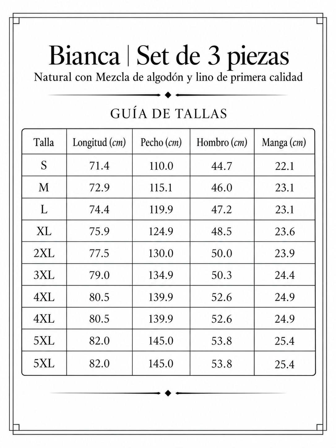 Bianca | Set de 3 piezas Natural con Mezcla de algodón y lino de primera calidad size chart