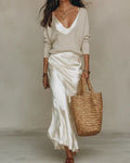 Marlene™ Conjunto Midi de Satín con Suéter de Punto Elegante