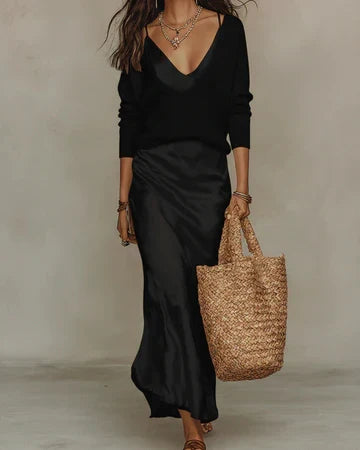 Belinda™ Conjunto Midi de Satín con Suéter de Punto Elegante