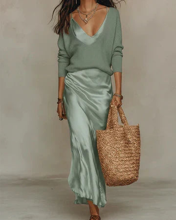 Belinda™ Conjunto Midi de Satín con Suéter de Punto Elegante