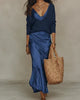 Marlene™ Conjunto Midi de Satín con Suéter de Punto Elegante