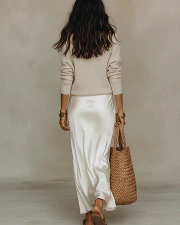 Belinda™ Conjunto Midi de Satín con Suéter de Punto Elegante