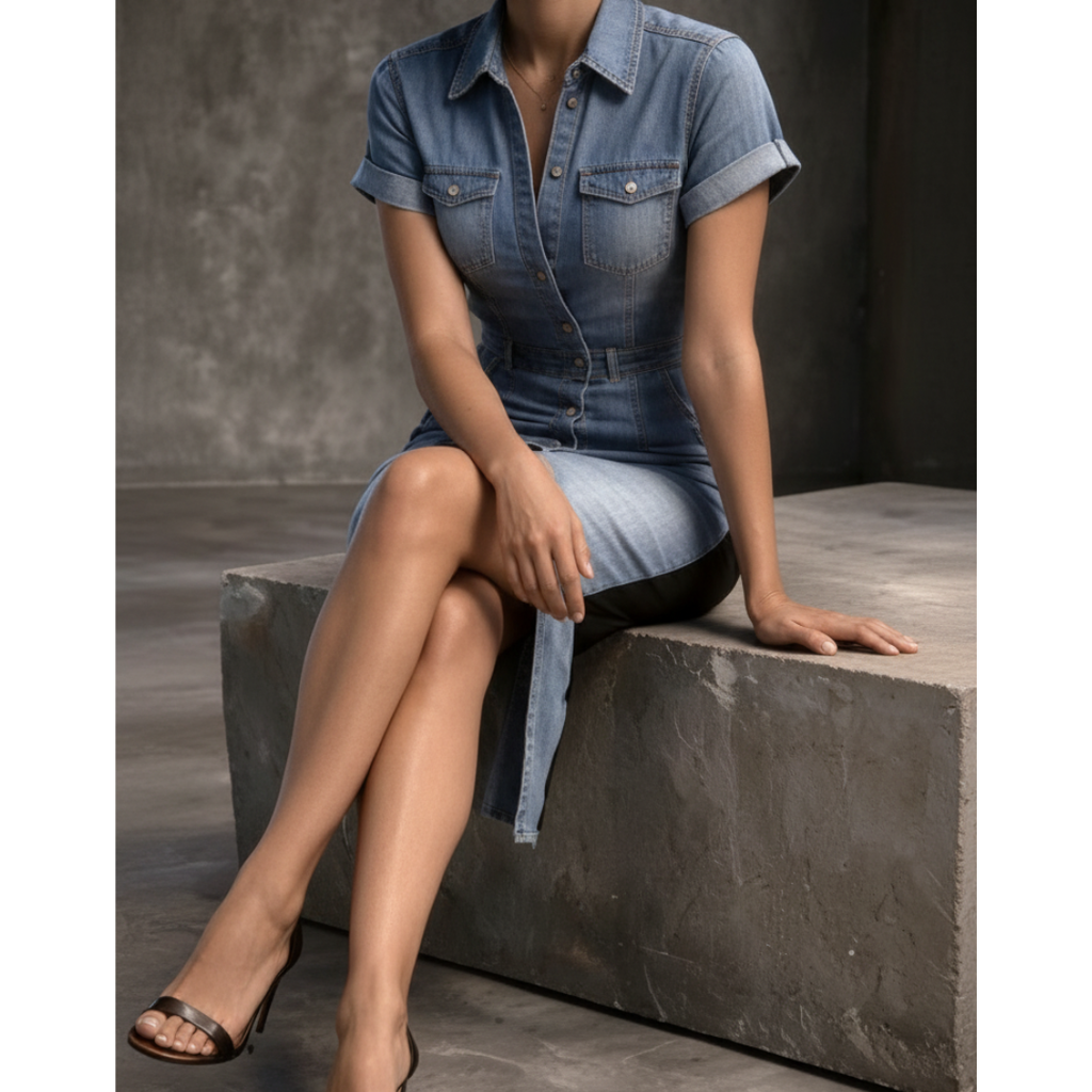 Malinaltepec™ Vestido Midi de Mezclilla Entallado con Rayas Laterales