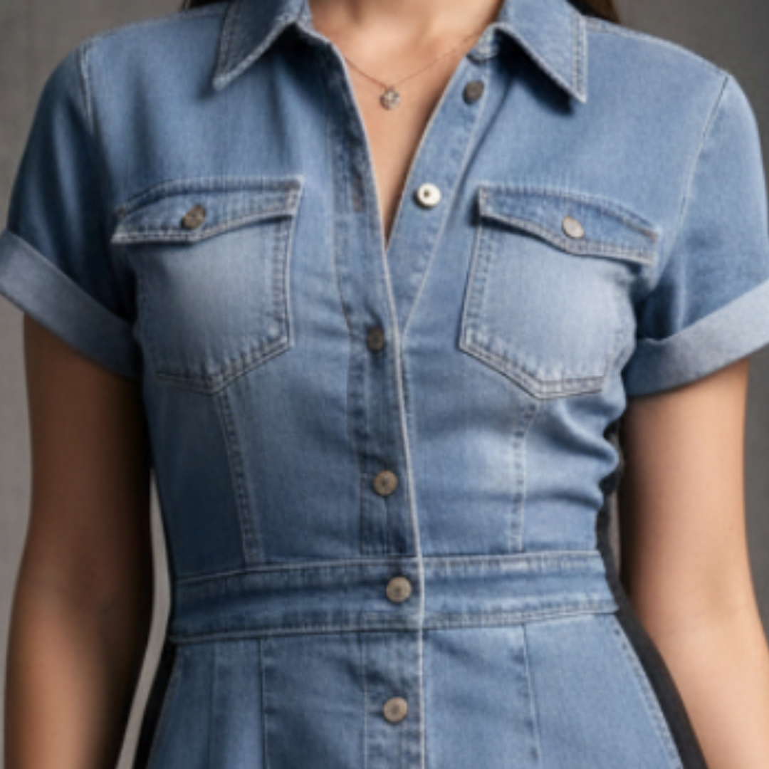 Malinaltepec™ Vestido Midi de Mezclilla Entallado con Rayas Laterales