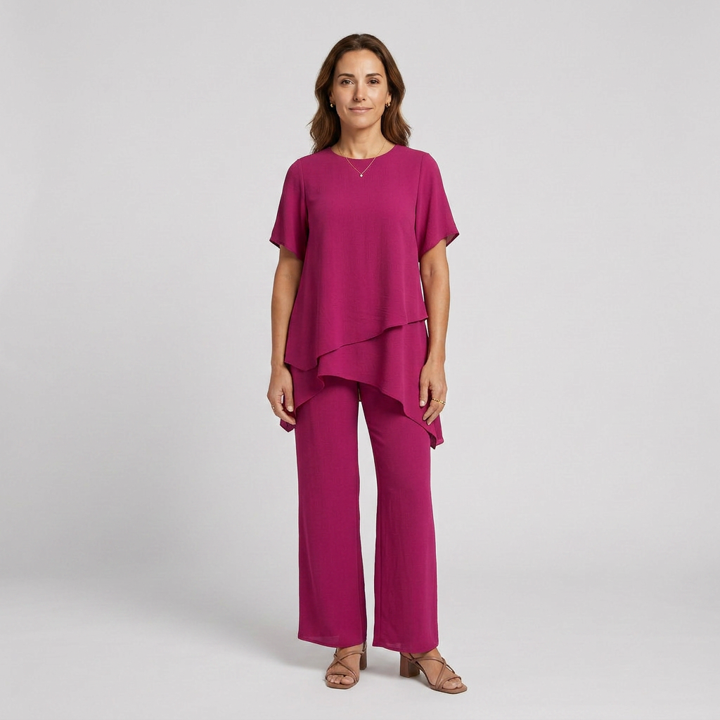 Conjunto Asimétrico Enriqueta con Blusa Larga y Pantalón de Pierna Ancha