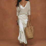 Marlene™ Conjunto Midi de Satín con Suéter de Punto Elegante