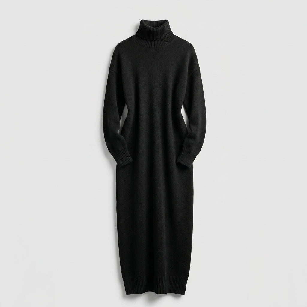 Genoveva™ Vestido Midi de Punto con Cuello Alto y Manga Larga