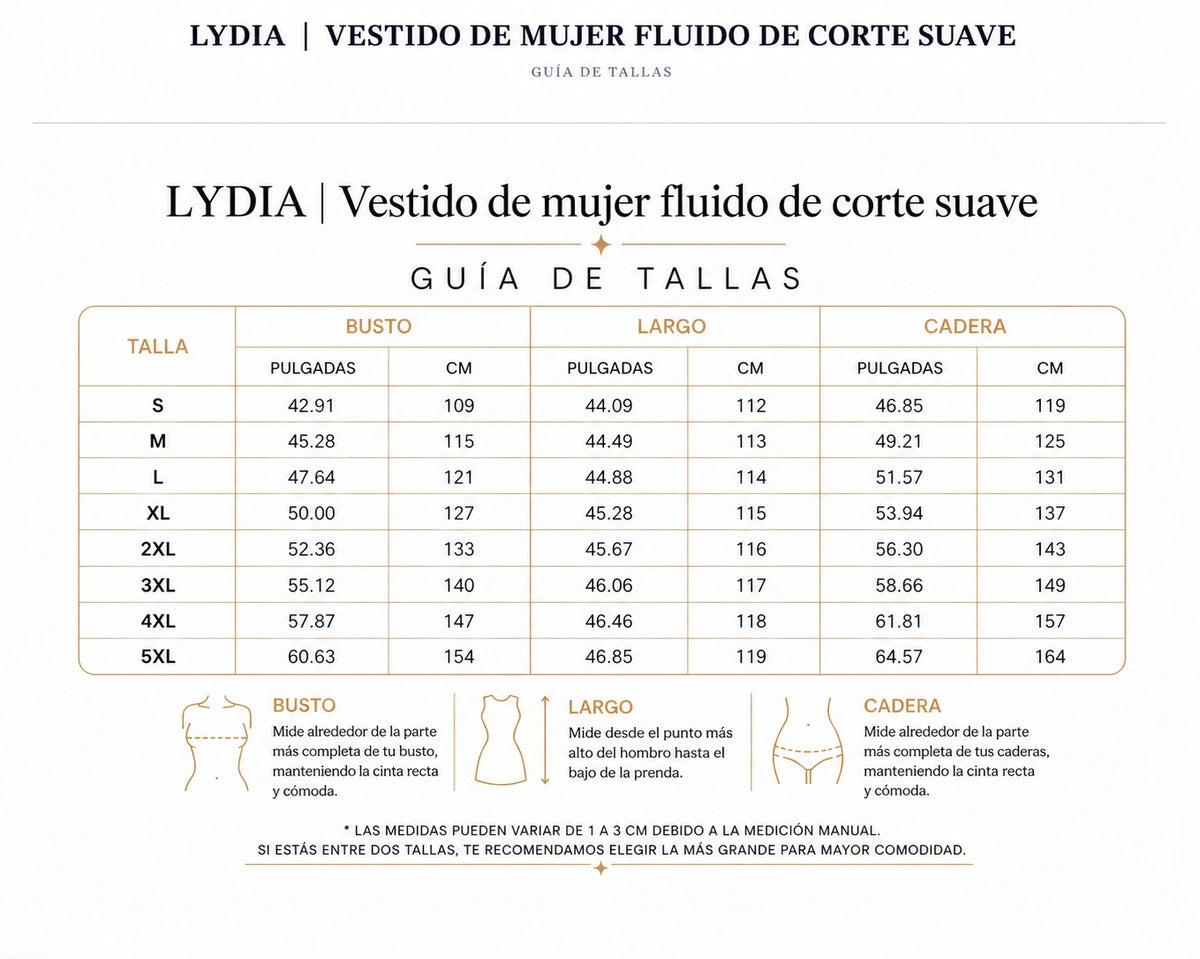 LYDIA | VESTIDO DE MUJER FLUIDO DE CORTE SUAVE size chart