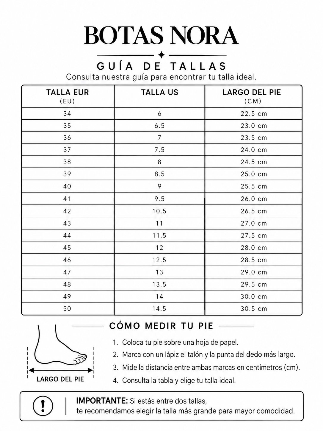 NORA | Botas altas de tacón para pantorrilla ancha size chart