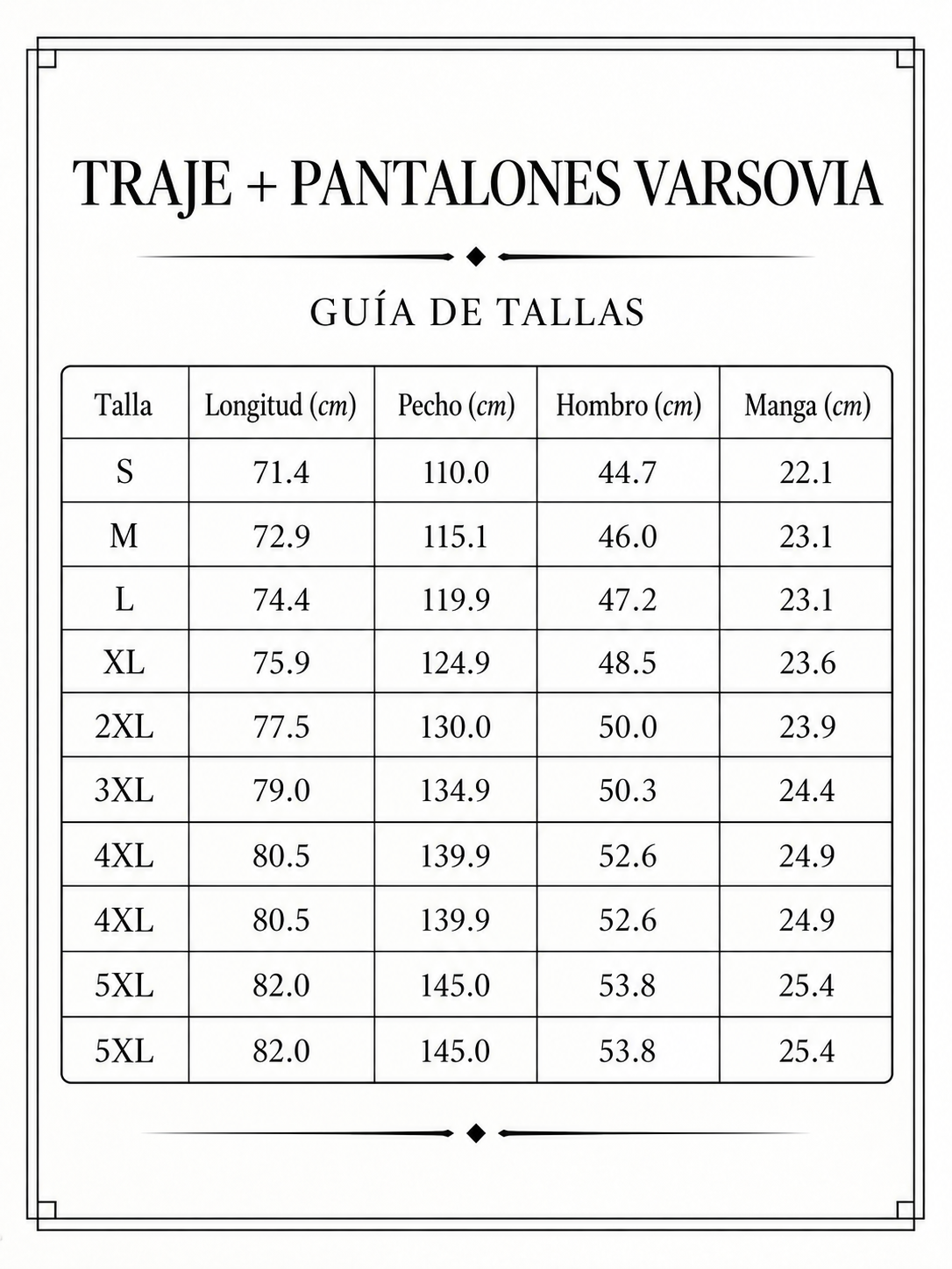 Traje + Pantalones Varsovia size chart