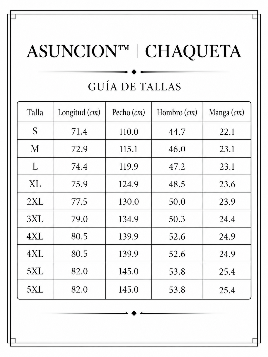 ASUNCIÓN - CHAQUETA DE PIEL RESISTENTE Y ELEGANTE size chart