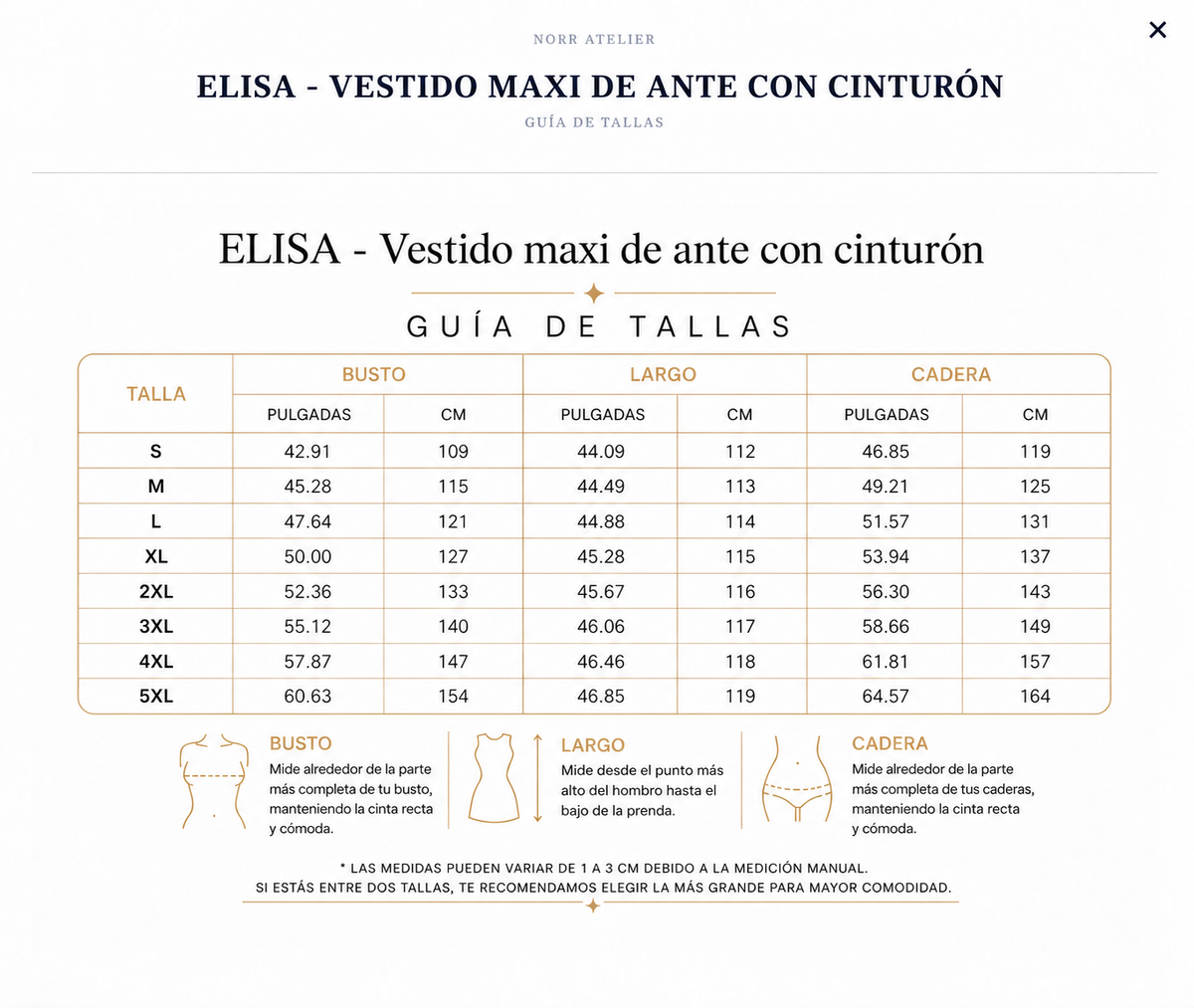ELISA - VESTIDO MAXI DE ANTE CON CINTURÓN size chart