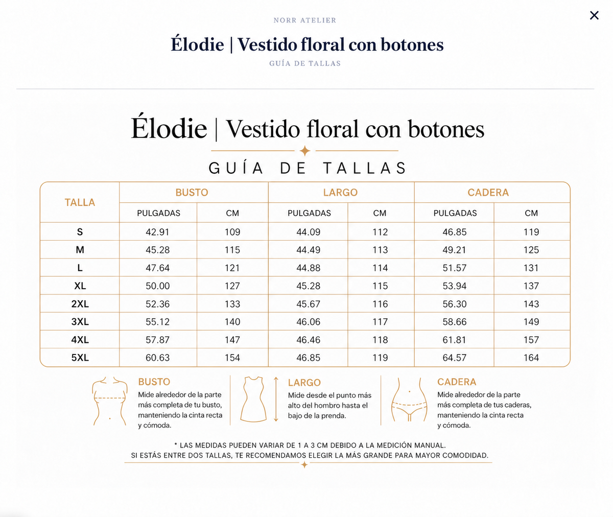 Élodie | Vestido floral con botones size chart