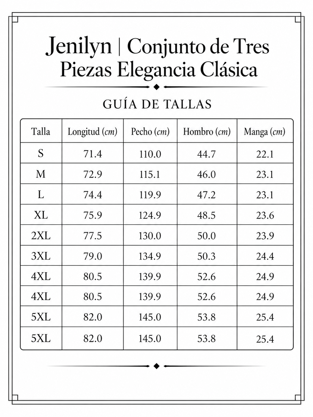 Jenilyn | Conjunto de Tres Piezas Elegancia Clásica size chart