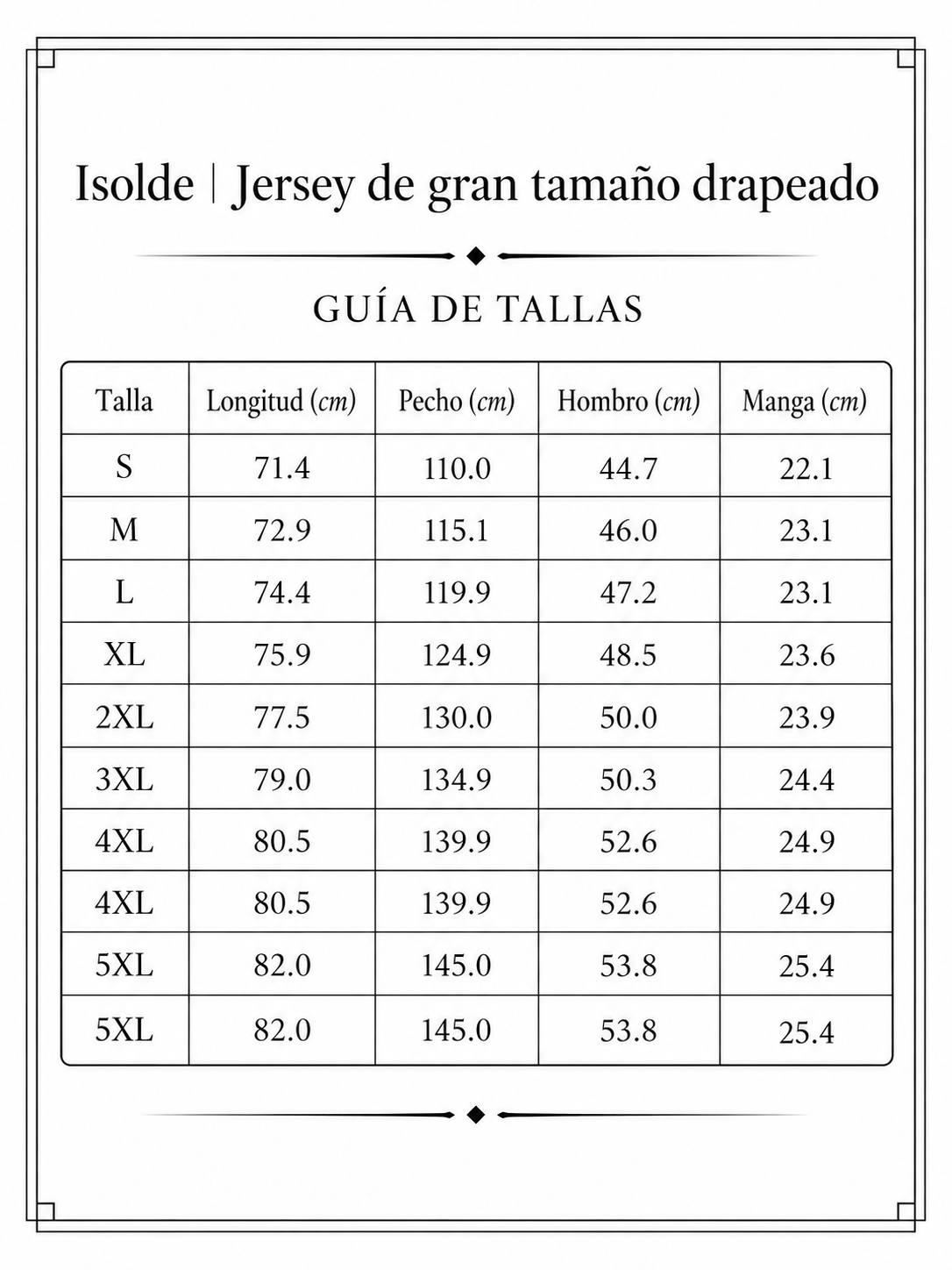 Isolde | Jersey de gran tamaño drapeado size chart