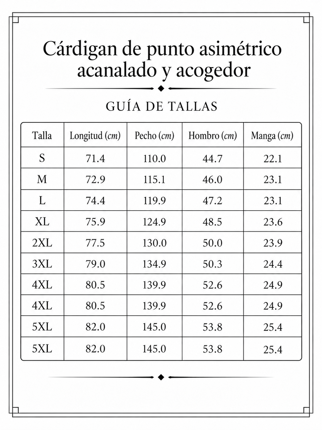 Cárdigan de punto asimétrico acanalado y acogedor size chart