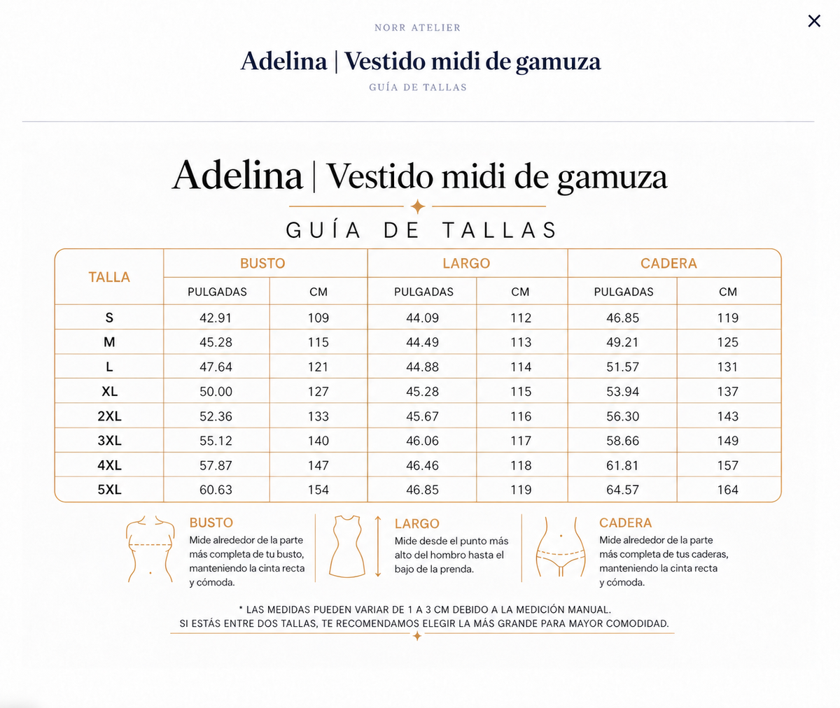 Adelina | Vestido midi de gamuza size chart